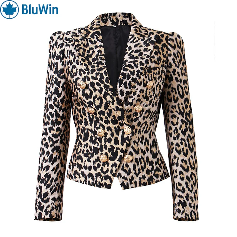 

BluWin Leopard Print Blazer Women Double Breasted Gold Button Notched Lapel Tailored Fit Chic Work Jacket