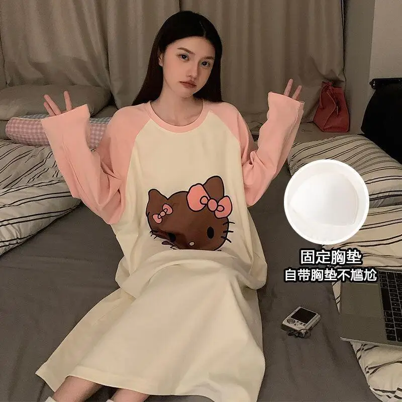 

Ночная сорочка Sanrio Hello Kitty, хлопковая, для студенток, новый стиль, с длинным рукавом, со встроенным бюстгальтером, средней длины, с мультяшным принтом, свободного кроя