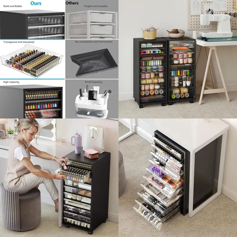 

Передвижной шкаф для хранения с 10 прозрачными ящиками для косметики, художественных принадлежностей, офисных принадлежностей и игрушек - черный