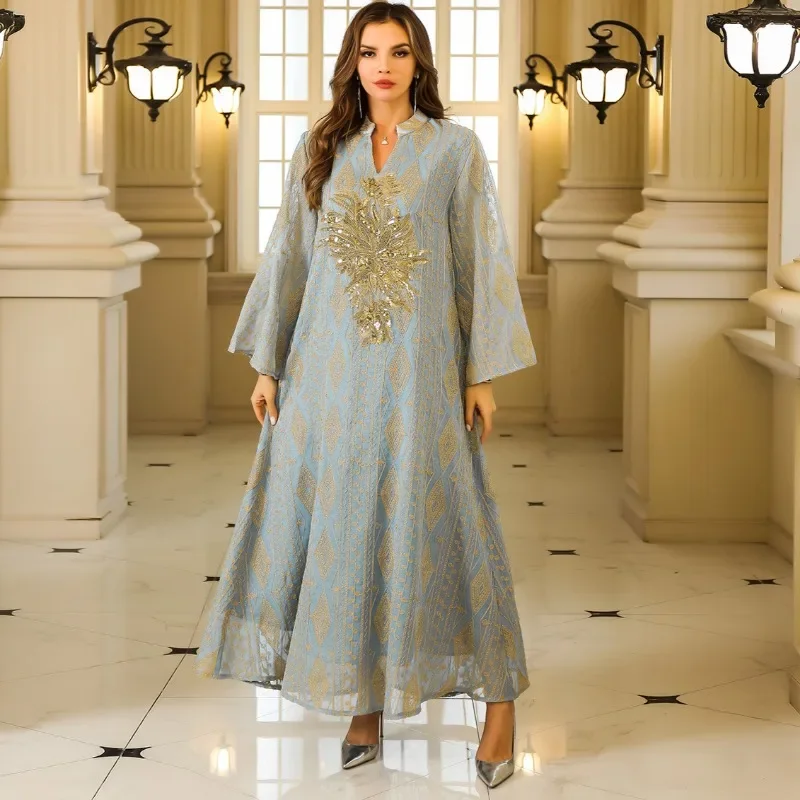 Muslim Middle East Women\'s Robe Standing Neck Line Embroidery Sequins Banquet Dress Temperament Elegant Female Trendy Long Robes