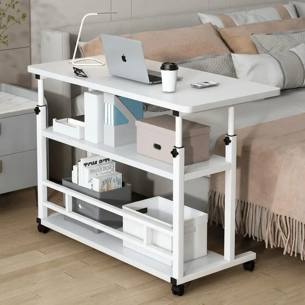 This Three-Tier Metal Folding Desk Features Casters And A Storage Rack. The Height-Adjustable Desktop Is Expandable. It's A Portable Computer Desk/Study Desk Suitable For Studies