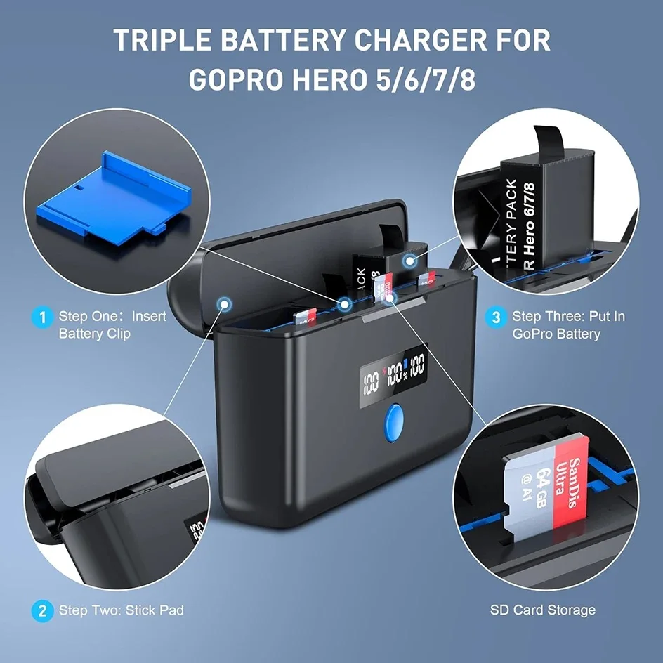 1800mAh Battery for GoPro Hero 8/7/6/5, Charger Include Display Screen and SD Card Reader, Fast Charger for The GoPro Battery