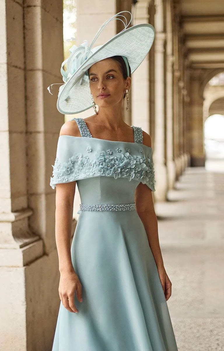 Customized Off Shoulder Mother Of The Bride Dress 3D Floral Applique Rhinestone ALine Satin Tea Length Formal Wedding Guest Gown