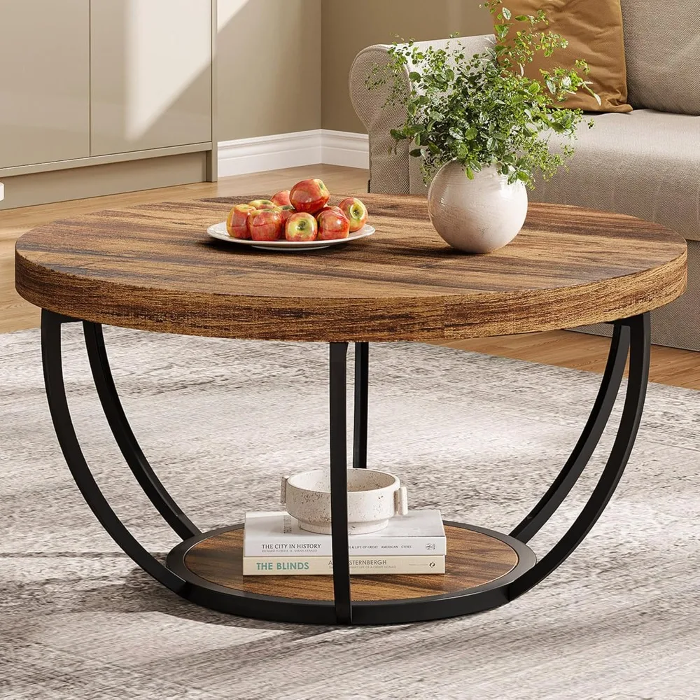 

Round Coffee Table,Wooden Circle Coffee Table with Storage Shelves, Modern Accent Cocktail Table Center Table