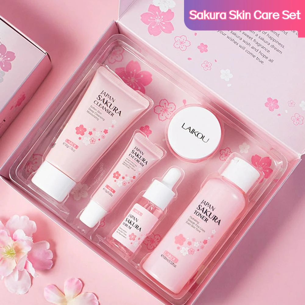 

5pcs/Set Sakura Skin Care Sets Face Cream Serum Toner Facial Cleanser Sunscreen Eye Cream Gift Box Face Skin Care Set Product