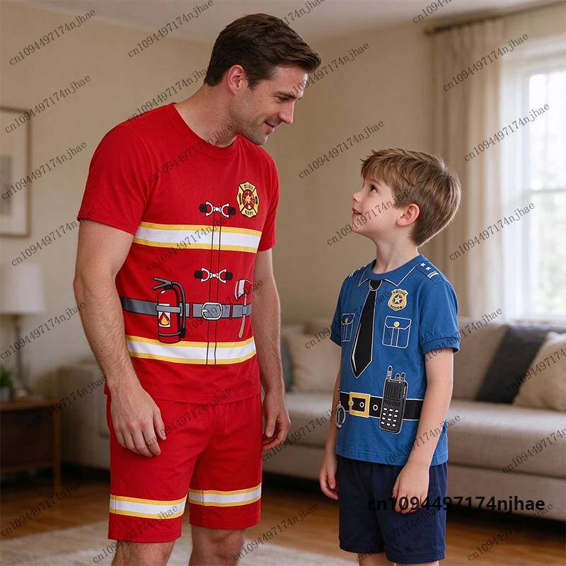 Children's Tracksuit Policeman & Fireman Cosplay Print T-shirt+Shorts Sets Parent-child Suit Sports Kids/Adult 2 Piece Outfits