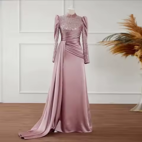 Elegant Arabic Evening Dress for Wedding Party Pink Muslim Prom Gowns Satin Sequined Long Sleeves Customized Dress abendkleid