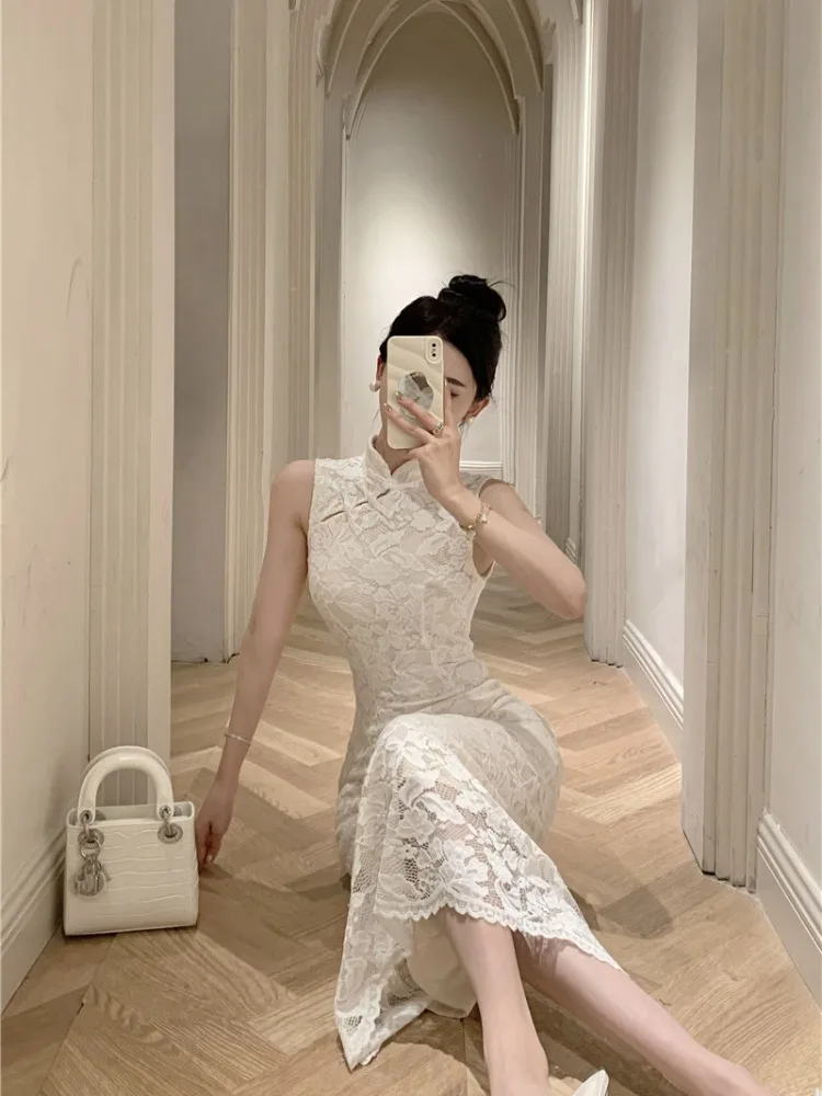 Ele Retro Koronkowa Sukienka z Guzikami, Wyszczuplająca, Letnia Nowość, Modna Sukienka Damska