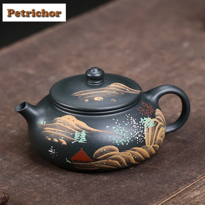 

130ml Retro Yixing Purple Clay Teapots Famous Master Handmade Landscape Han Jiang Pot Raw Ore Green Mud Kettle Zisha Tea Set