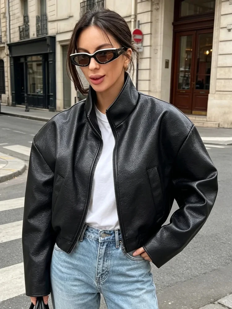Women's Fashion Short Black Faux Leather Jacket Loose Long Sleeve Zipper Coats Spring Autumn Streetwear Biker Style