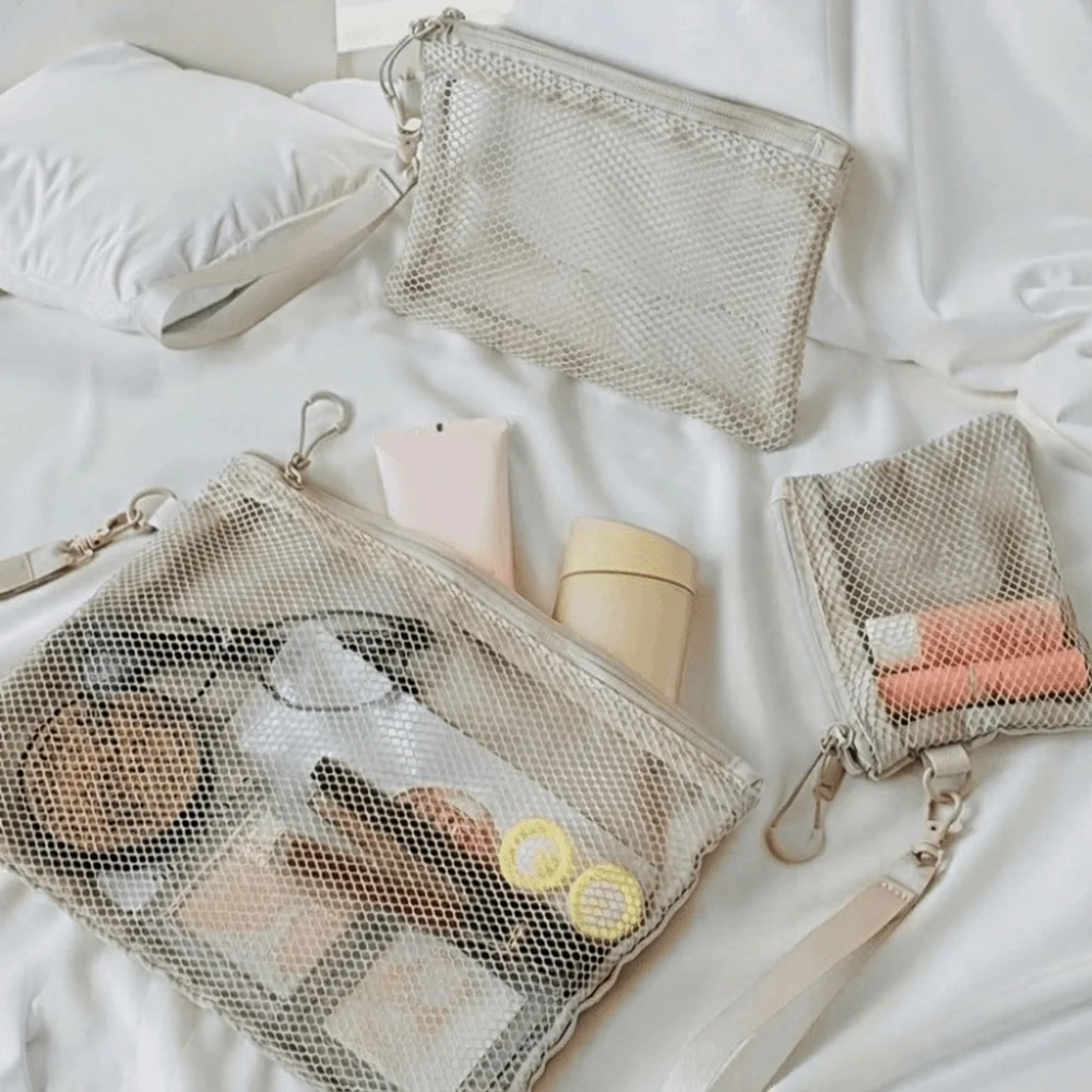 Fashion Lightweight Mesh Storage Bag Polyester With Zipper Cosmetic Bag Multifunctional Solid Color Coin Purse Makeup Storage