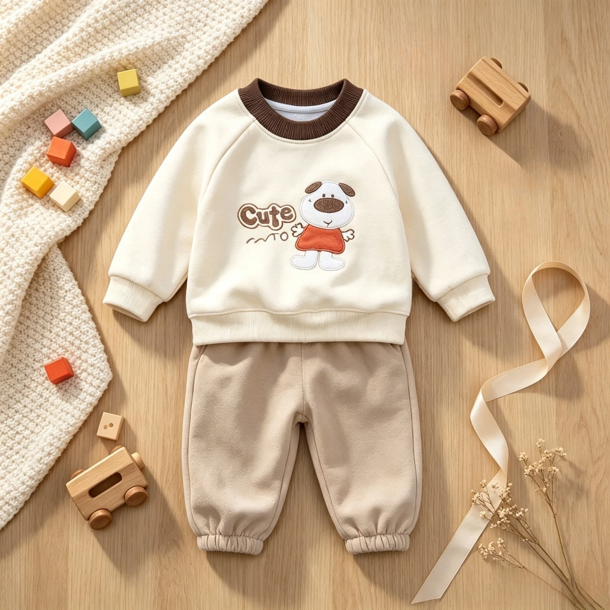 Baby Clothing Bundles - ベビートラックスーツ漫画子犬刺繍長袖トップ + バンドル裾スウェットパンツ幼児秋冬暖かい服セット