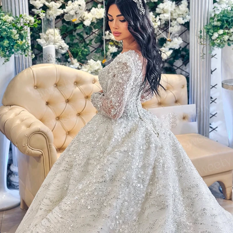 Fully Beaded Wedding Dress Organza With Embroidery Sequins Ballgown O-Neck Fullsleeve Bridal Customized Lace Up Vestido De Novia