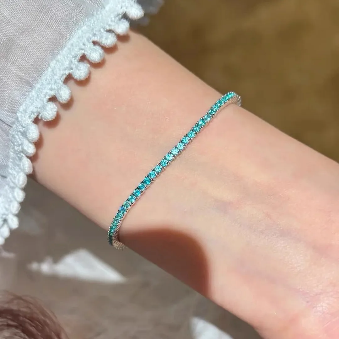 Fresh boho Style Four Claw Diamonds Paraiba bracelets femme inlay 3mm Light Luxury Charms Bracelets for women Party Jewelry 3