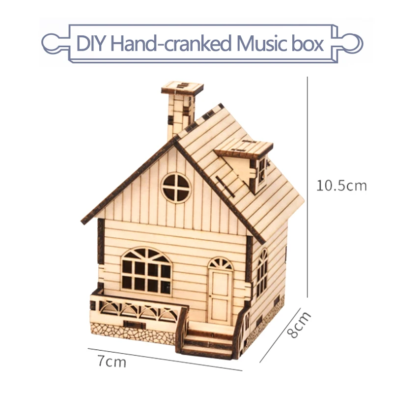 Caja de música modelo de ensamblaje de casa de madera, montaje creativo, caja de música con manivela, manualidades de regalo para niños P284