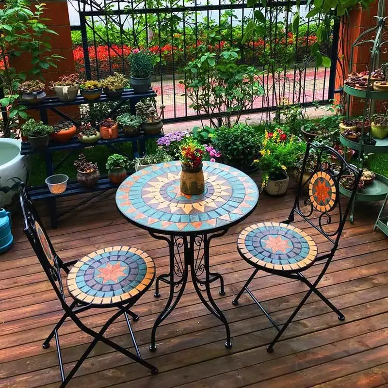 Open-air balcony table and chairs mosaic wrought iron three-piece cafe outdoor outdoor courtyard garden Internet celebrity foldi