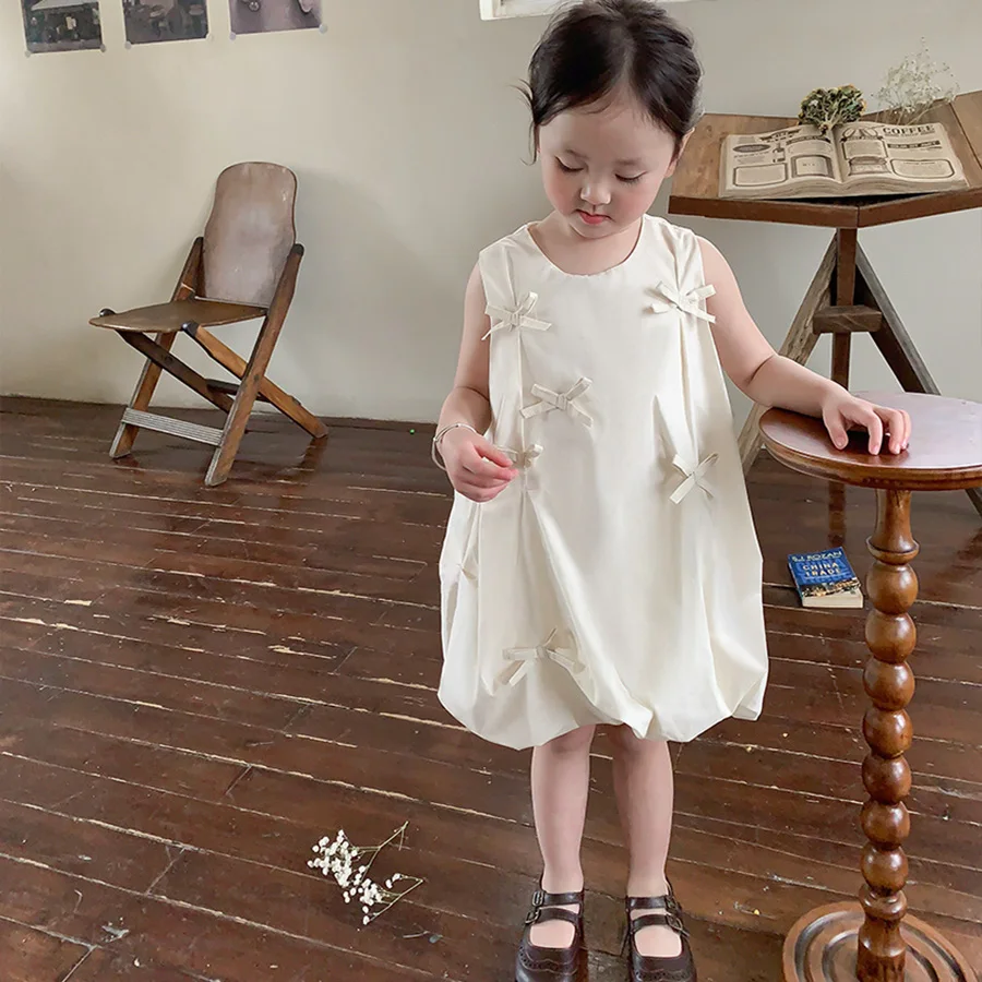 Light Luxury Dress 2023 Summer New Cotton Solid Button Back A-line Puffy Dress Children\'s Korean Sweet Bow Princess Dresses