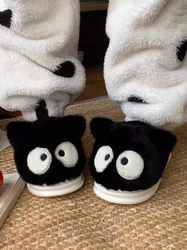 Simpatiche pantofole nere per gatti suola morbida e spessa pantofole da casa per studenti calde uomo donna peluche divertenti grandi occhi pantofole in cotone per gatti neri piccoli