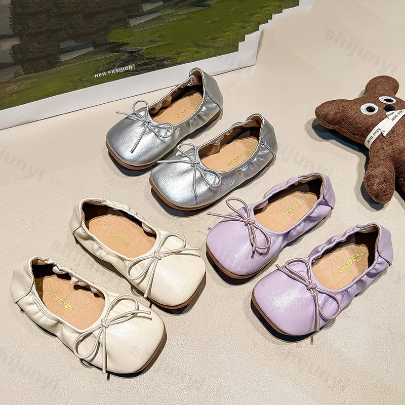 

Bow Designed Elegant Single Shoes for Girls 2025 Spring New Childrens' Square Toe Comfortable Casual Flats Shallow Mouth Sandals
