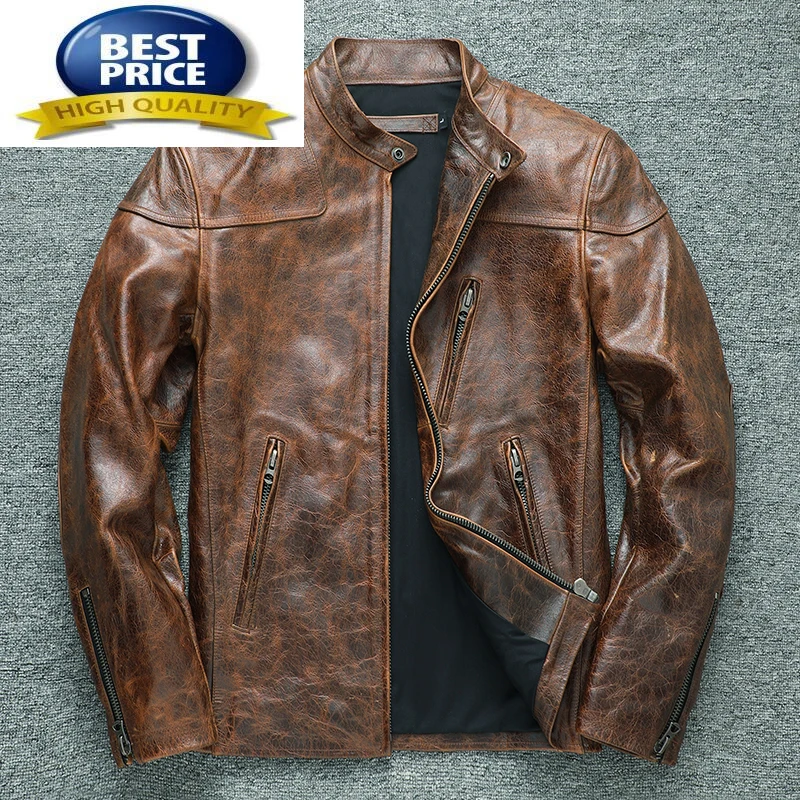 Leather Jacket Genuine Mens Oil Wax Cowhide Leather Coat Male Stand Collar Motorcycle Brown Jacket Autumn Short New Style