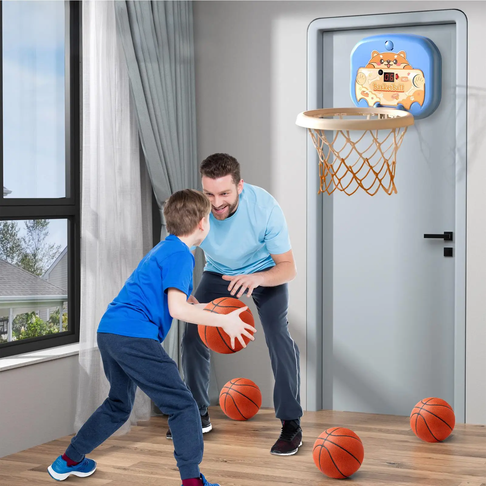 Mini aro de baloncesto, conjunto de aro de baloncesto para niños, pelota interactiva montada en la pared, juguete deportivo con marcador para el hogar y la escuela