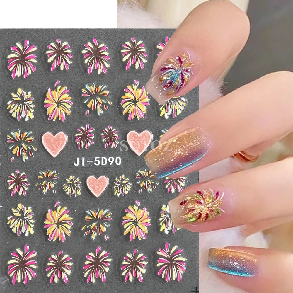 5D Colorful Fireworks Nail Stickers Shining Blooming Pyrotechnics Love Heart Decals 2024 New Year Manicure Decoration LEBJI-5D91