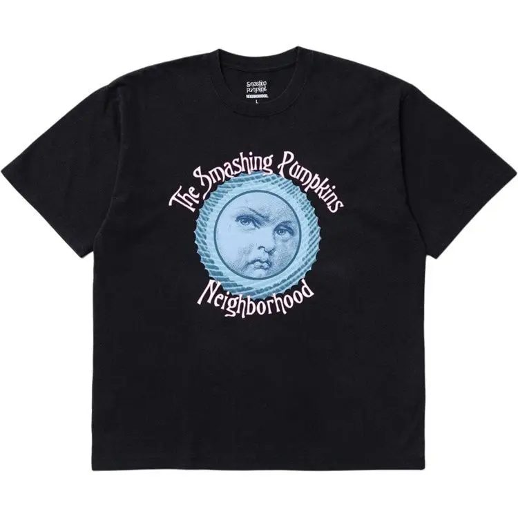 NEIGHBORHOOD Japanese Streetwear Figure Print Blur Surround Font Drop‑Shoulder Short‑Sleeve Cotton T‑Shirt