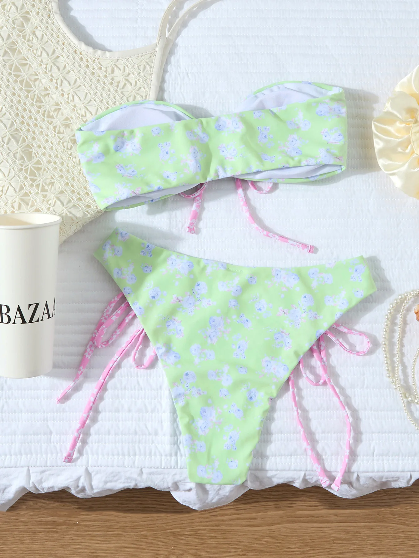 Women Strapless Floral Print Bikini Set Front Tie Bandeau Top Side Tie Cheeky Bottom 2 Piece Swimsuit Summer Beach Bathing Suit