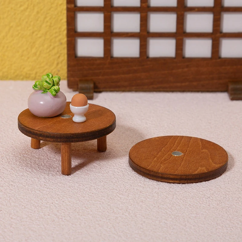 1:12 Dollhouse Miniature Mini Wooden Magnetic Round Table Coffee Table Simulation Table Furniture Toys Doll House Accessory Gift