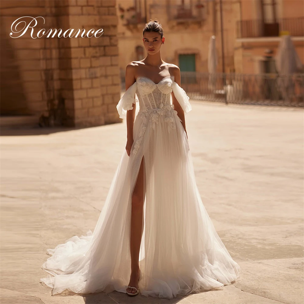 

Classic Pleat A-Line Flowers Wedding Dress Off The Shoulder High Split Lace Appliques Open Back Vestidos De Novia Customized