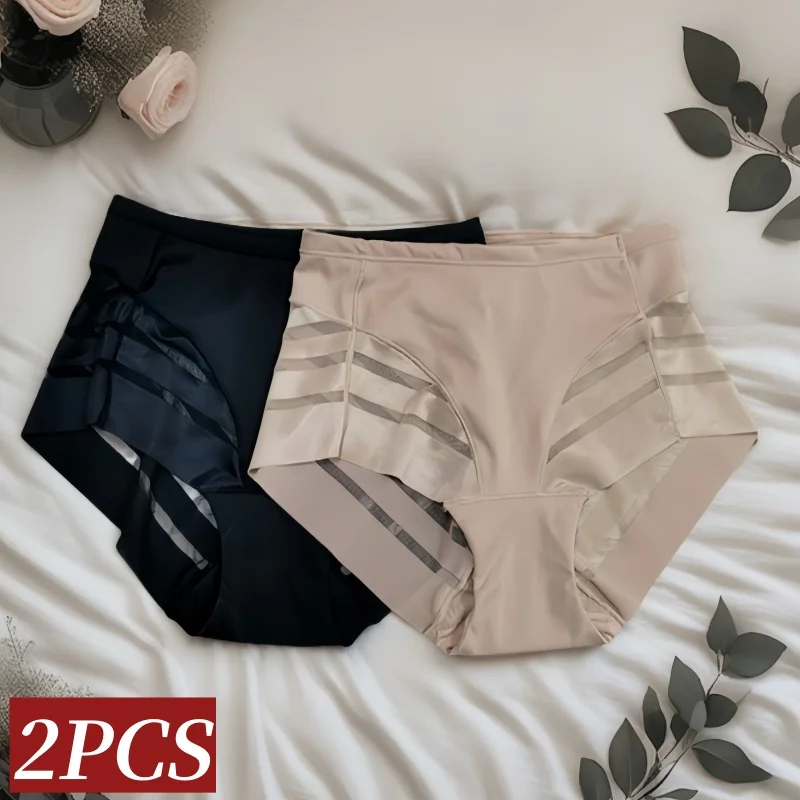 2Pcs/Set Women's Ice Silk Tummy Control Panties Mid Waist Mesh Splice Shaping B…