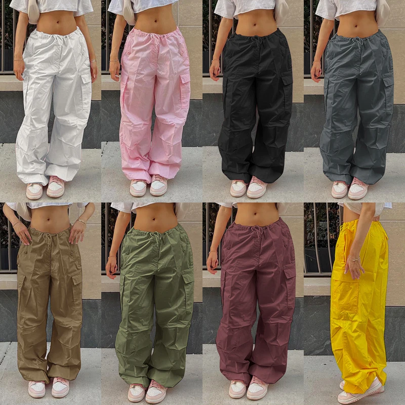 Pink Women Casual Joggers Tech Pants Oversized Solid Low Waist Baggy Trousers Fashion Wide Leg Cargo Pants Streetwear Drawstring