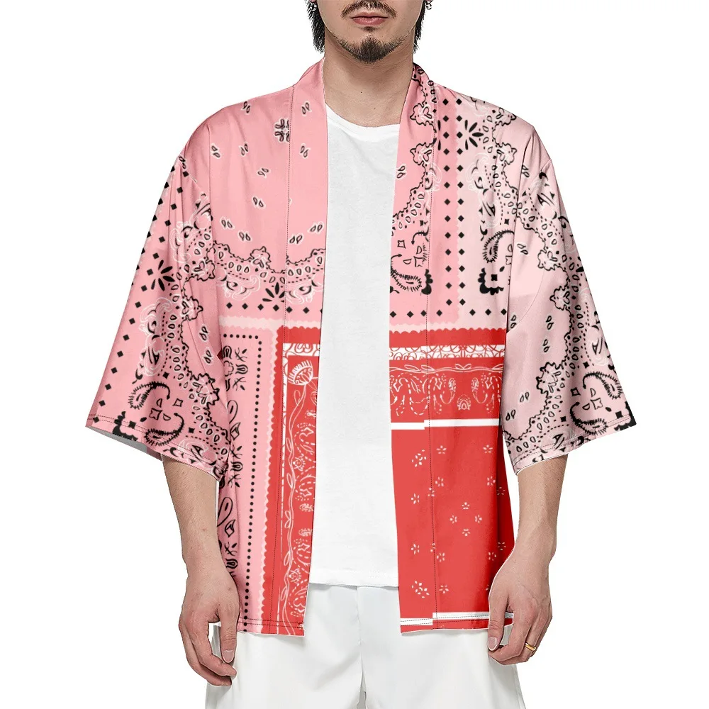 

Plus Size Fashion Geometry Paisley Print Pink Kimono Japanese Women Men Summer Beach Cardigan Yukata Haori Shirts Top