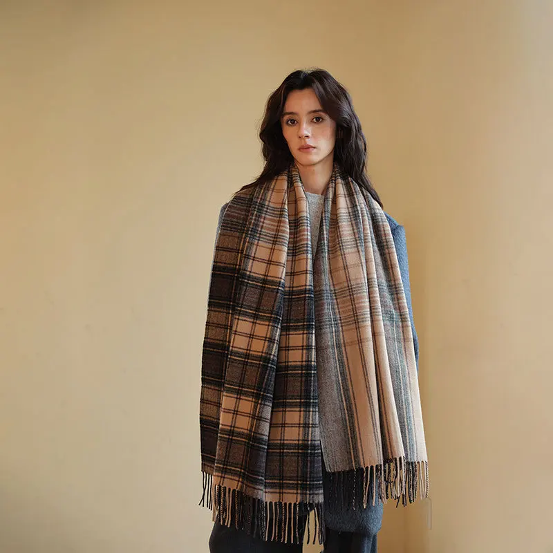 Large version 70cm wide 100% wool Maillard plaid scarf long double-sided thermal shawl versatile couple scarf