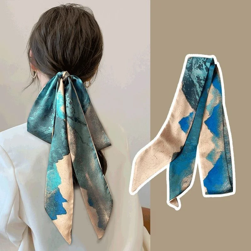 New Style Long Silk Scarf Ribbon Hair Tie. Adult-Sized Vintage-Style Printed Long Hair Band with Adjustable Strap