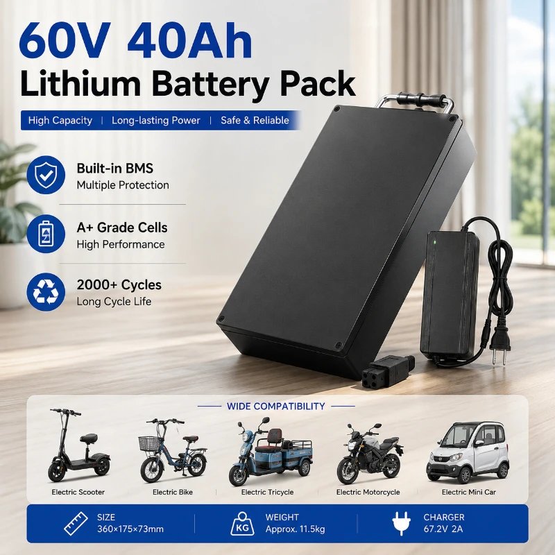 Image of 60V 20Ah 30Ah 40Ah Lithium-Akku mit integriertem BMS für Fat-Tire-Elektroroller 500W-2000W, 67,2V 2A Ladegerät inklusive, EU-Lager Schneller Versand, Langstrecken-Ersatzstromversorgung für tägliche