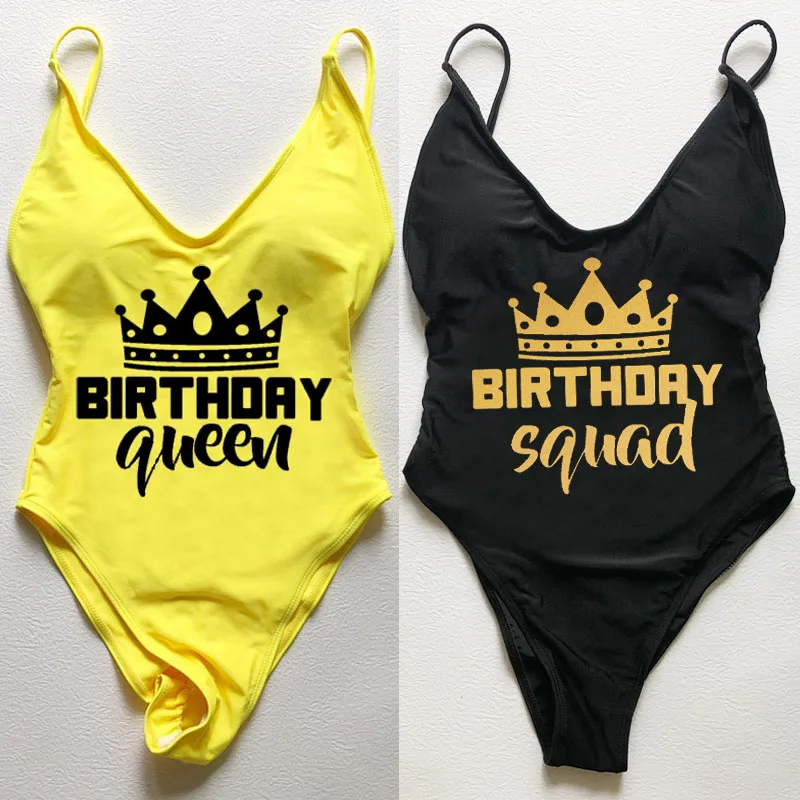 Padded Swimsuit One Piece Swimwear Crown BIRTHDAY queen squad Print Swimsuits 2022 woman monokini Bathing Suit Sexy Beachwear