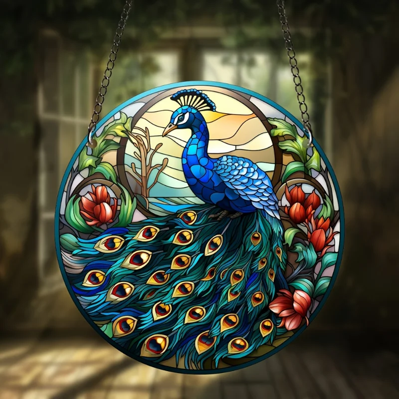 Peacock Suncatcher Stained Glass Window Hanging for Office Room and Kitchen Decoration Garden Decor Gift for Family and Friends