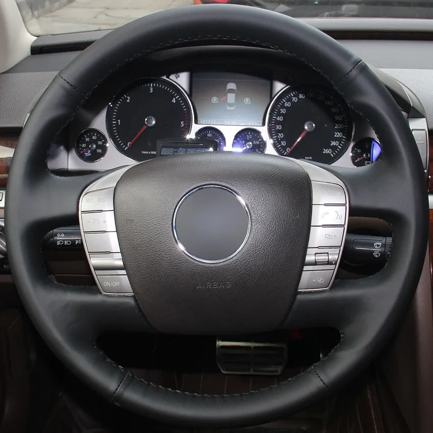 

Hand-Stitch Non-slip Black Genuine Leather Car Steering Wheel Cover Wrap for Volkswagen VW Phaeton Interior Accessories