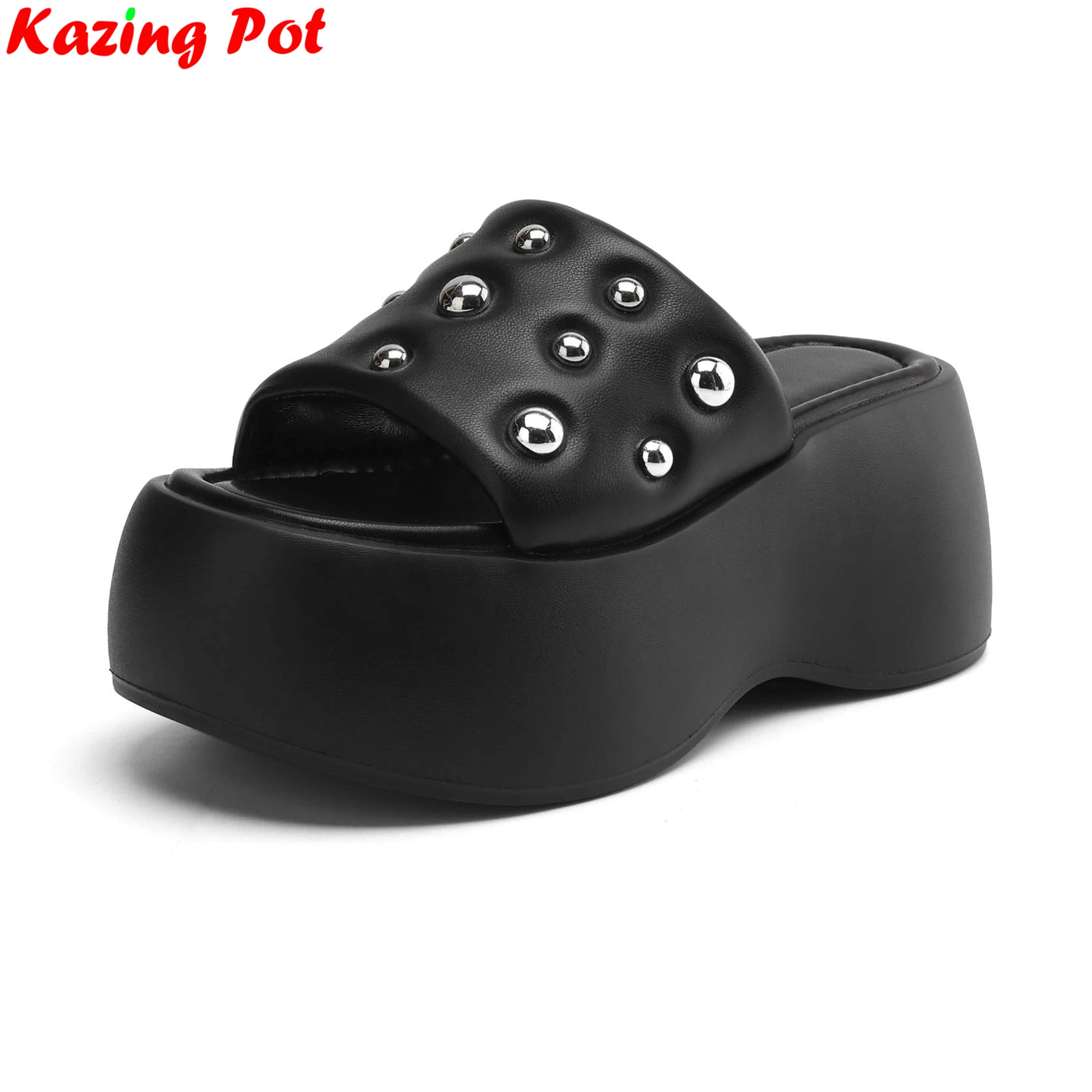 

Krazing Pot Sheepskin High Heels Peep Toe Elegant Casual Slingback Mules Platform Summer Sandals Brand Rivets Outside Slippers