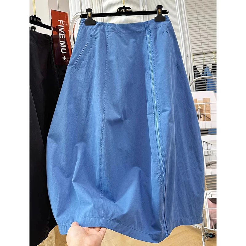 Women Skirt K-Fashion High Waist Balloon Hem Long Skirt Blue Front Zipper Pockets Casual Y2K Preppy A-Line Summer Bottom