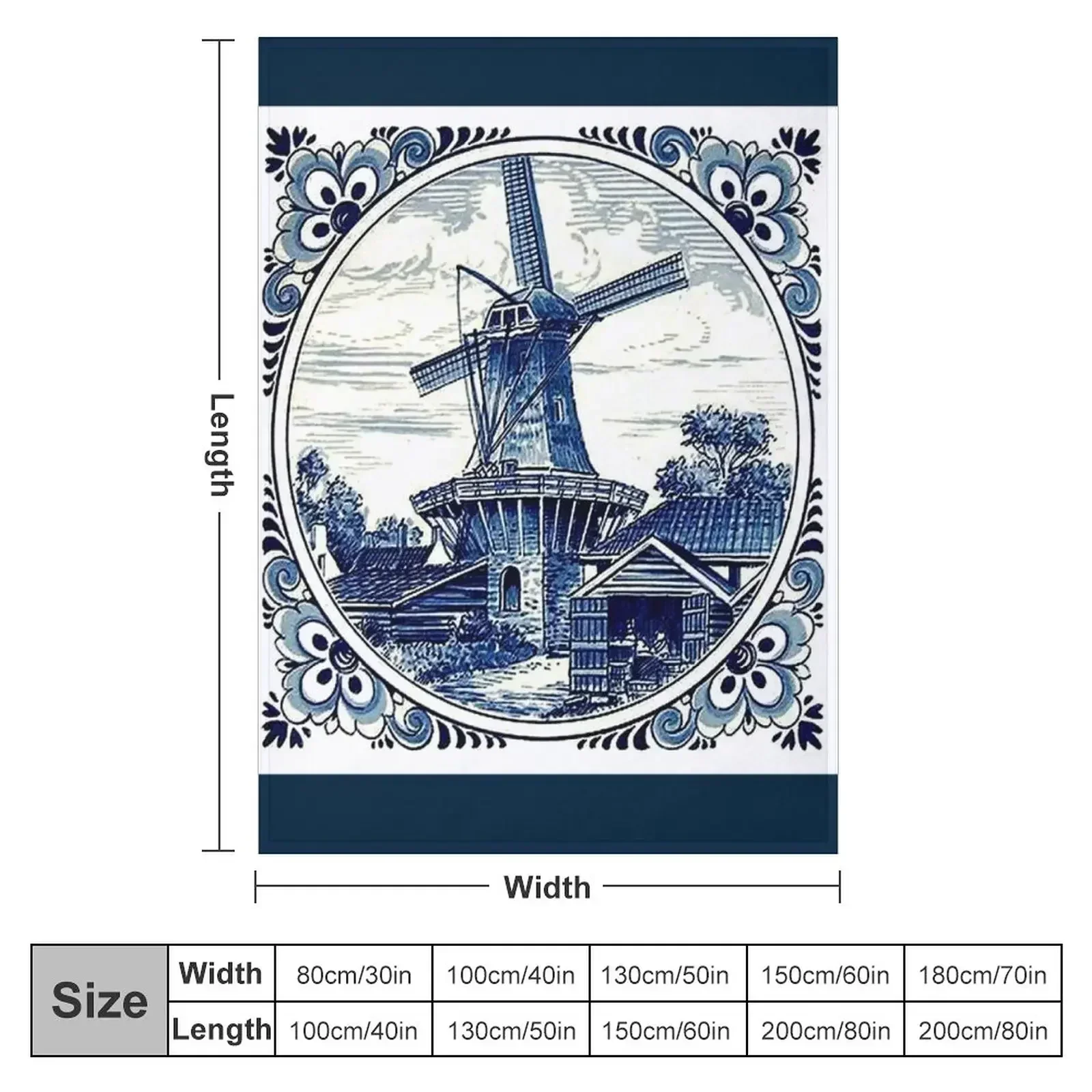 DUTCH BLUE DELFT : Vintage WindmillPrint Throw Blanket couch cozy soft plush fuzzy picnic outdoor blanket