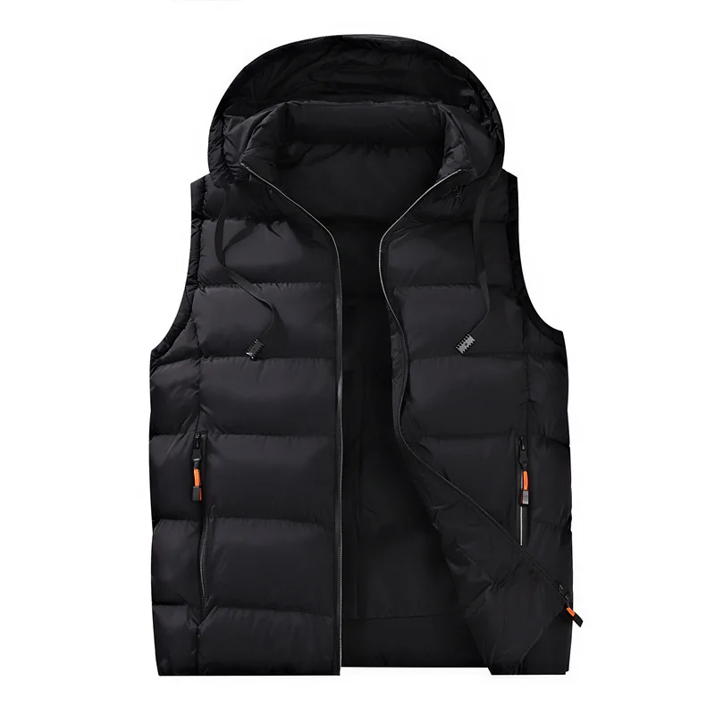 Men Down Vest Winter Thicken Cold-proof Stand Collar Male Waistcoat Simple Solid Color Versatile Sleeveless Hooded Man Coat