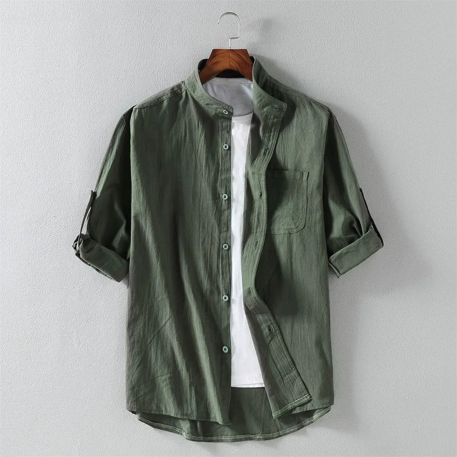 Spring Summer Stand Collar Fivepoint Midsve Fashion Men's  Shirt Thickened Fleece Special Wide Fit Nine Sleeve Length