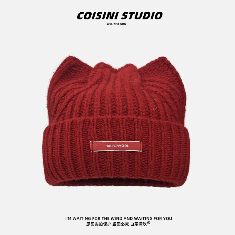 100% Wool Cat Ear Knit Beanies for Women Solid Color Ribbed Knitted Skullcap Warm Winter Cute Cat Ears Beanie Hat with Label