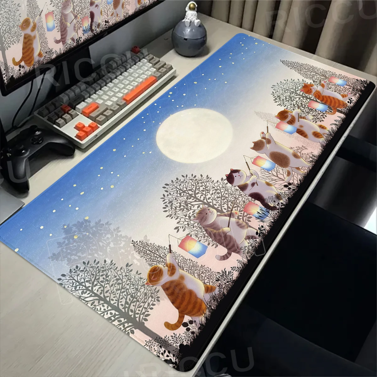 Katze bei Mondlichtnacht Mauspad Cartoon Großes Mauspad XXL Niedliche Katzen Schreibtischunterlage Computer-Schreibtischzubehör Gamer-Pads Wohndekor-Kunst