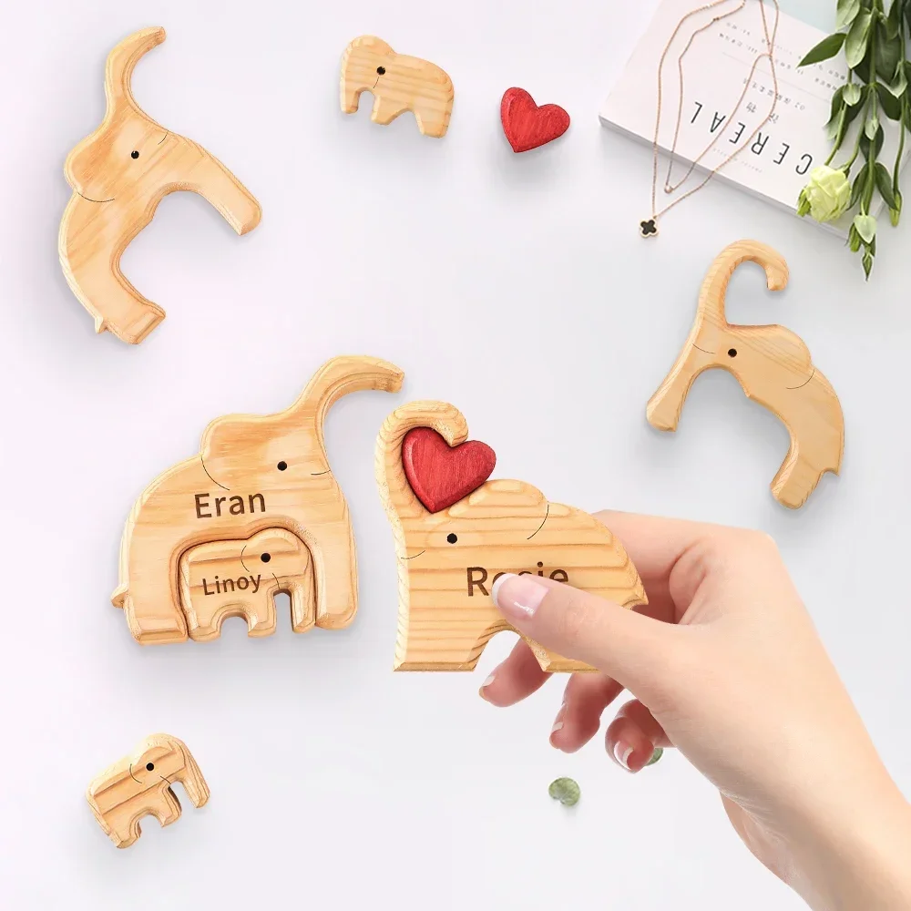 Personalized Elephant Family Theme Wooden Puzzle Cute Art Animal Family Wooden Statue Elephant Puzzle Gift for Family Kids