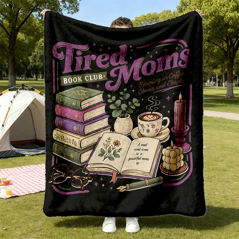 Tired Moms Book Club Flannel Blanket, Book Lover Gift, Retro Coffee Reader Flannel Throw Mothers Day Gifts