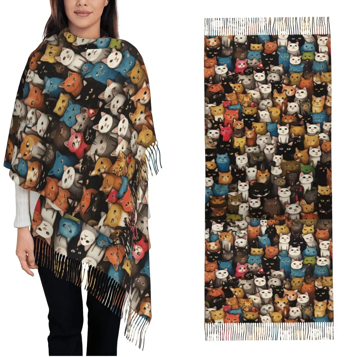 

Женский шарф, сохраняющий тепло, шарфы на голову с рисунком кота, с кисточкой, роскошные брендовые шали и накидка, осенние на заказ, сделай сам, Bufanda