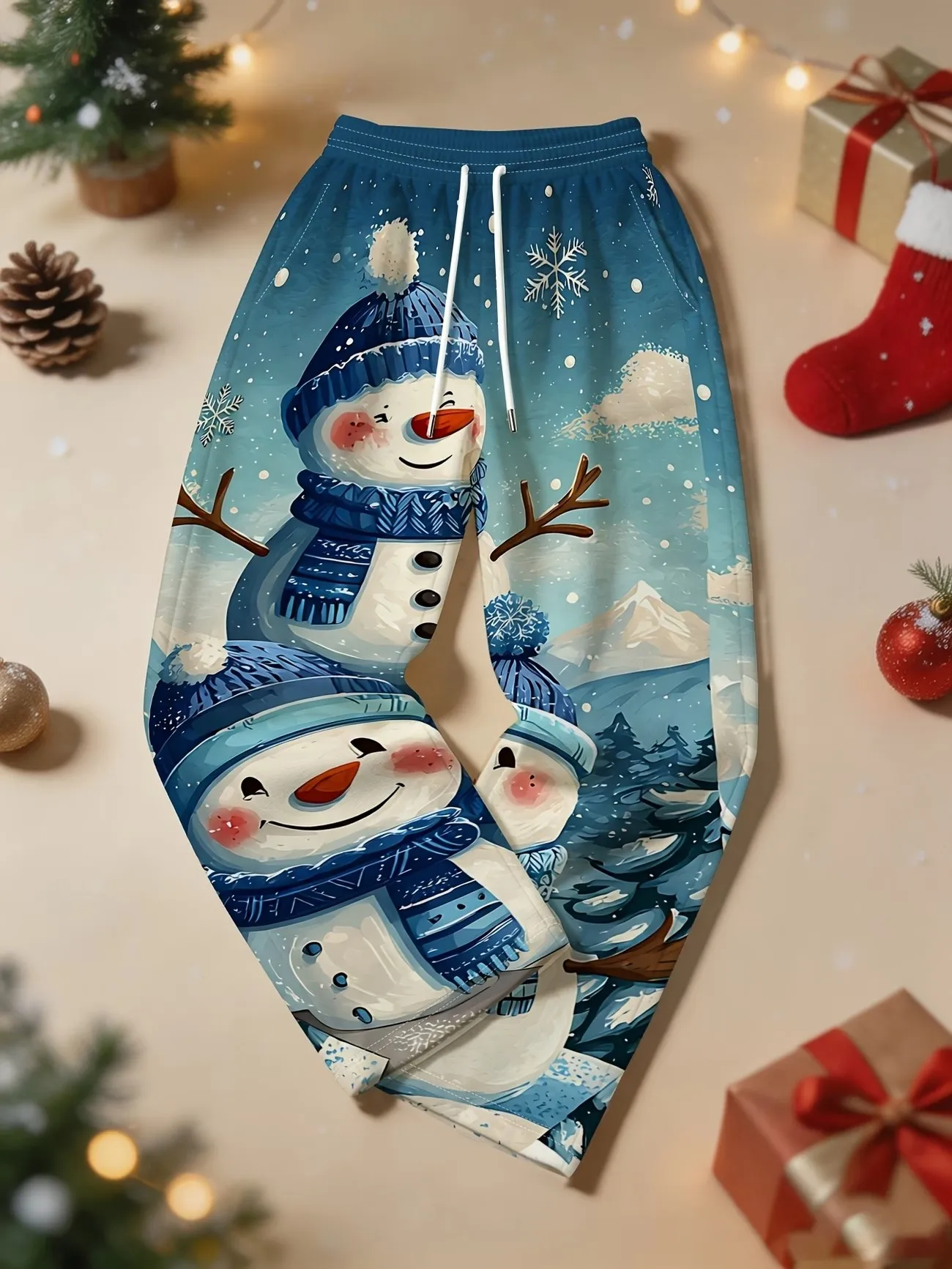 Women's autumn casual elastic drawstring pocket sports pants, 3D fun Santa Claus printed personalized pants